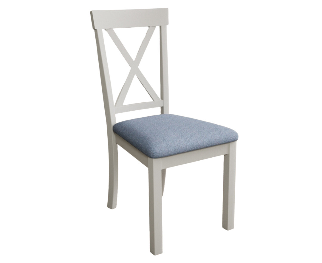Photo 3 of Hertford signal white dining chairs with blue fabric seat pad