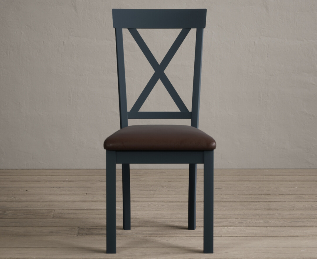 Product photograph of Hertford Dark Blue Dining Chairs With Brown Suede Seat Pad from Oak Furniture Superstore