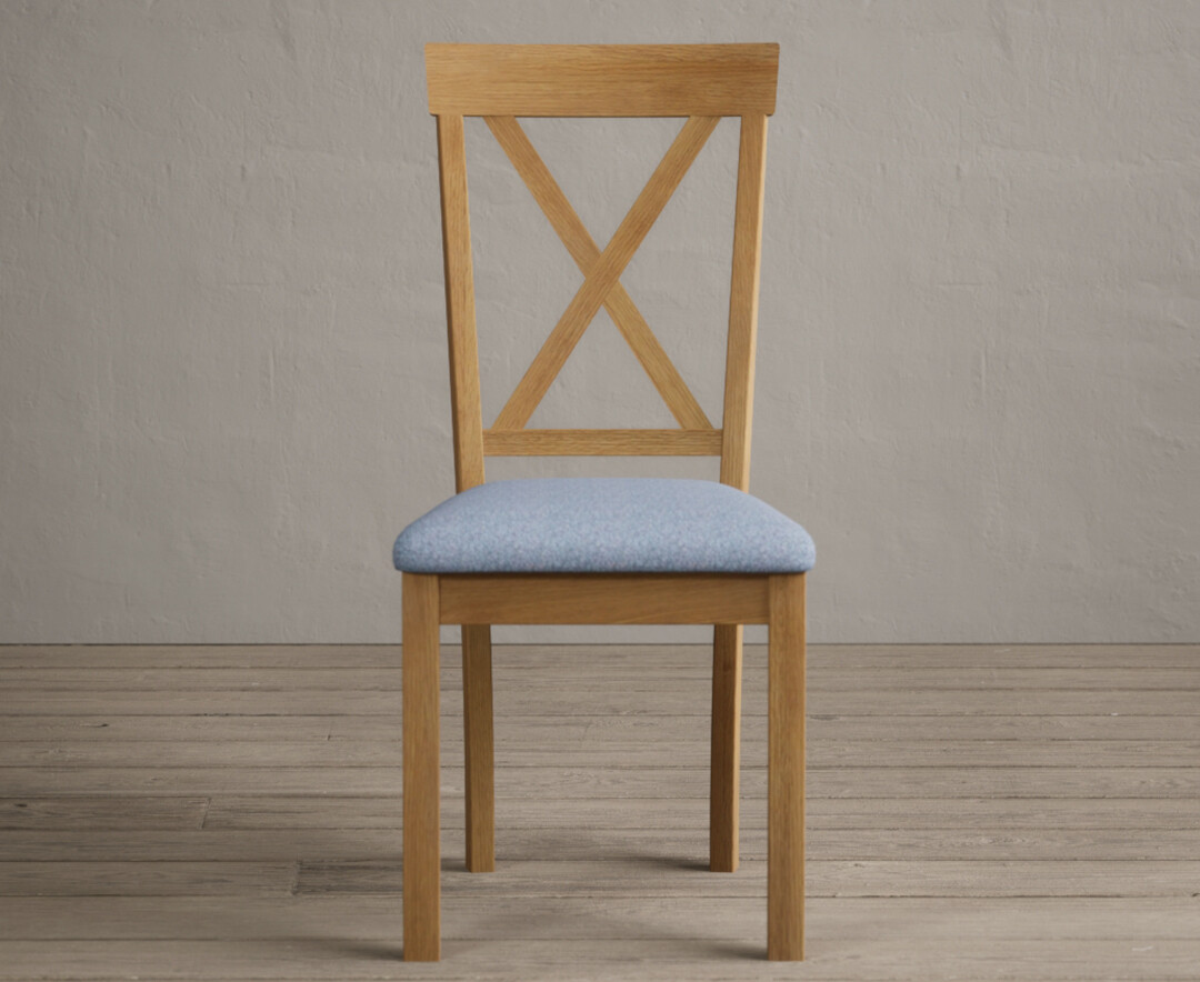 Hertford Solid Oak Dining Chairs With Sky Blue Fabric Seat Pad