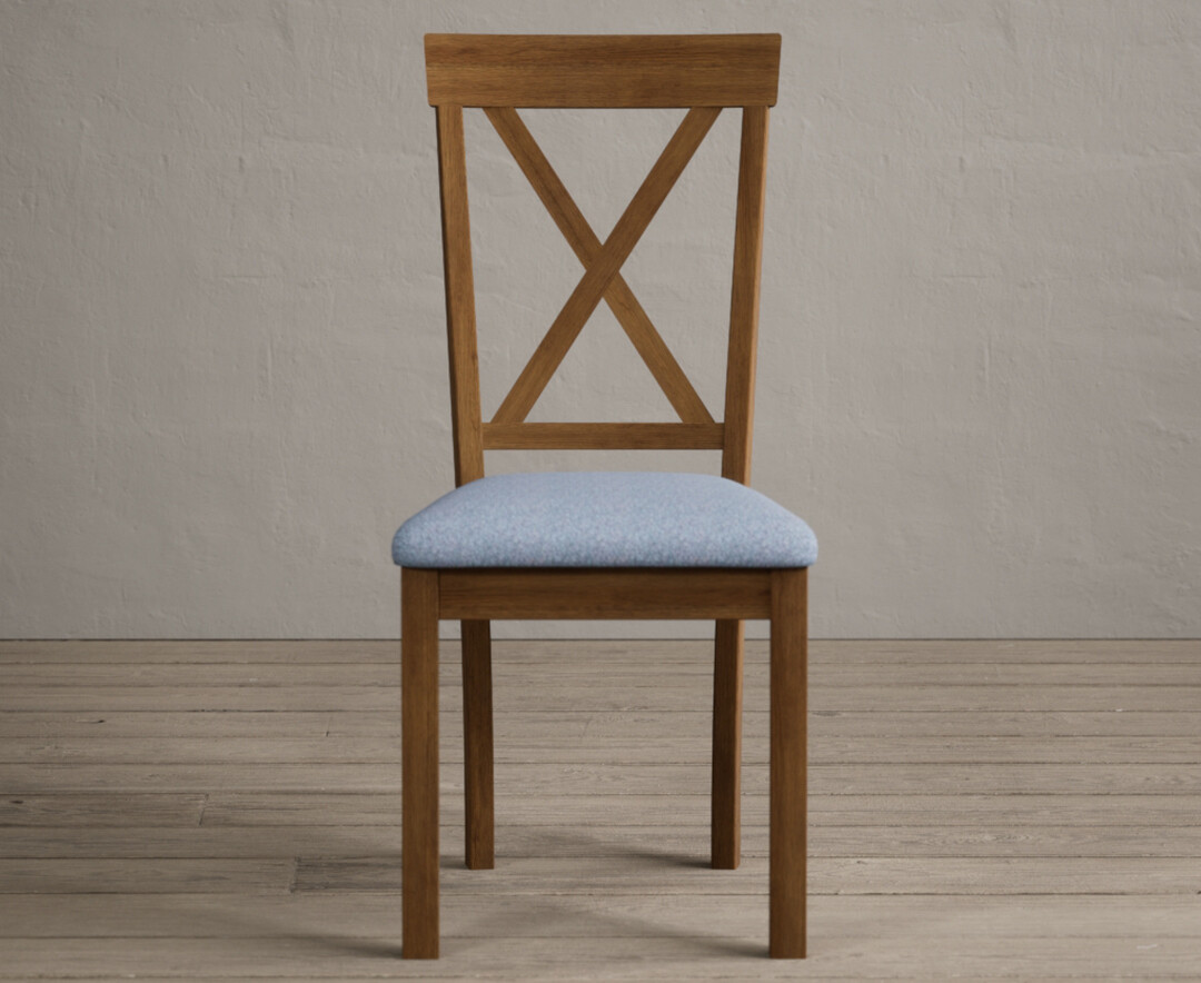 Product photograph of Hertford Rustic Oak Dining Chairs With Blue Fabric Seat Pad from Oak Furniture Superstore