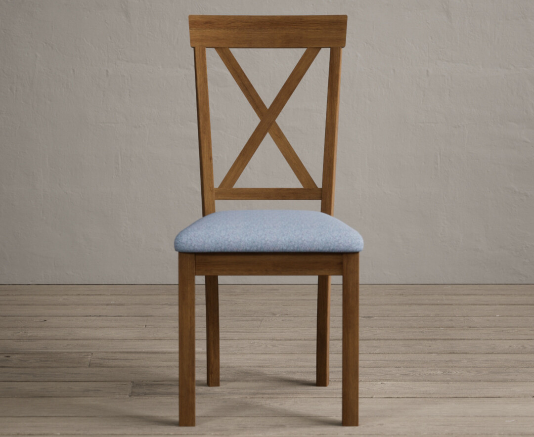 Hertford Rustic Oak Dining Chairs With Sky Blue Fabric Seat Pad