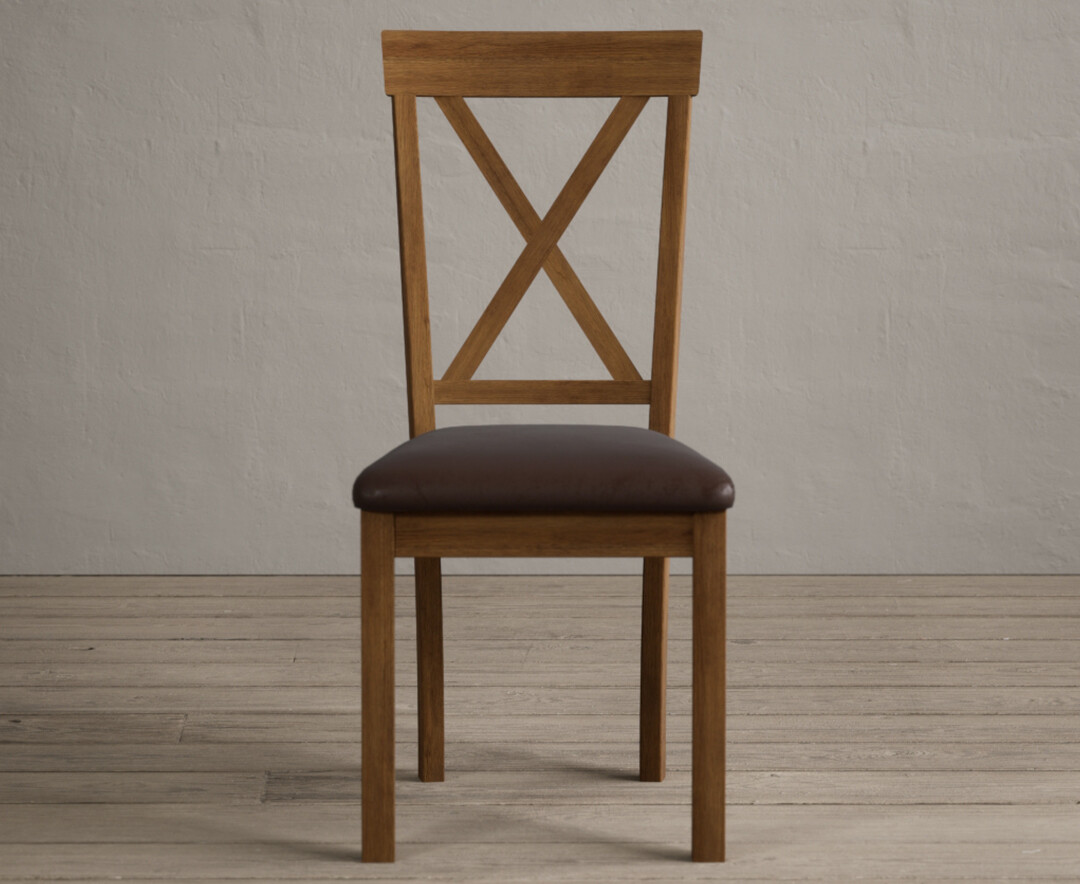 Hertford Rustic Oak Dining Chairs With Chocolate Brown Fabric Seat Pad