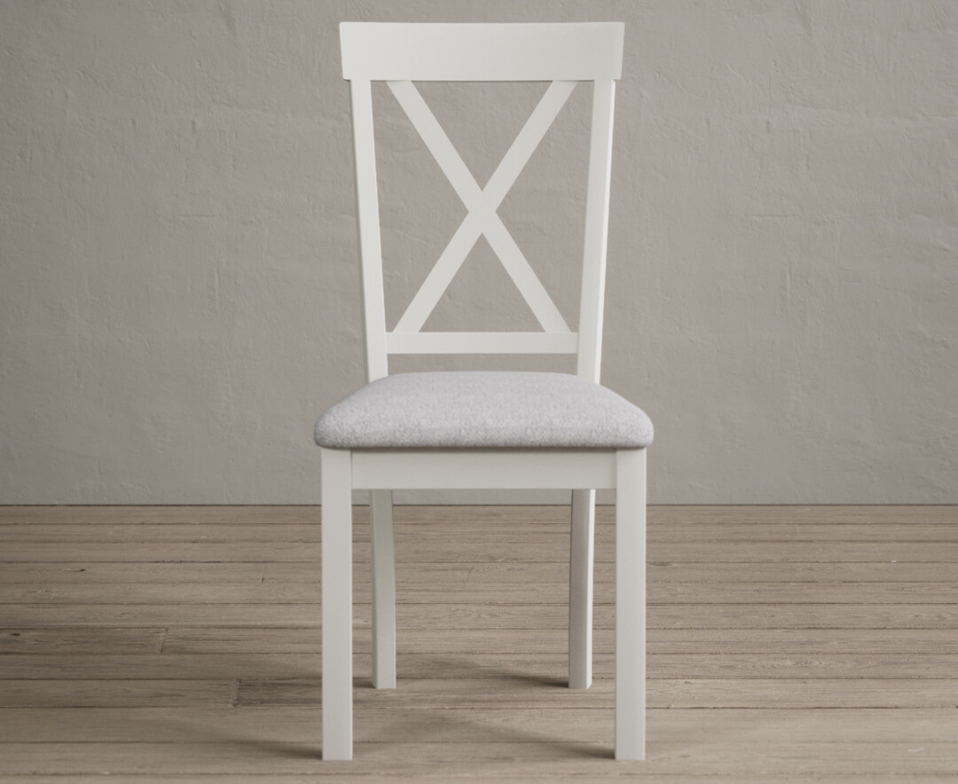 Product photograph of Hertford Signal White Dining Chairs With Light Grey Fabric Seat Pad from Oak Furniture Superstore