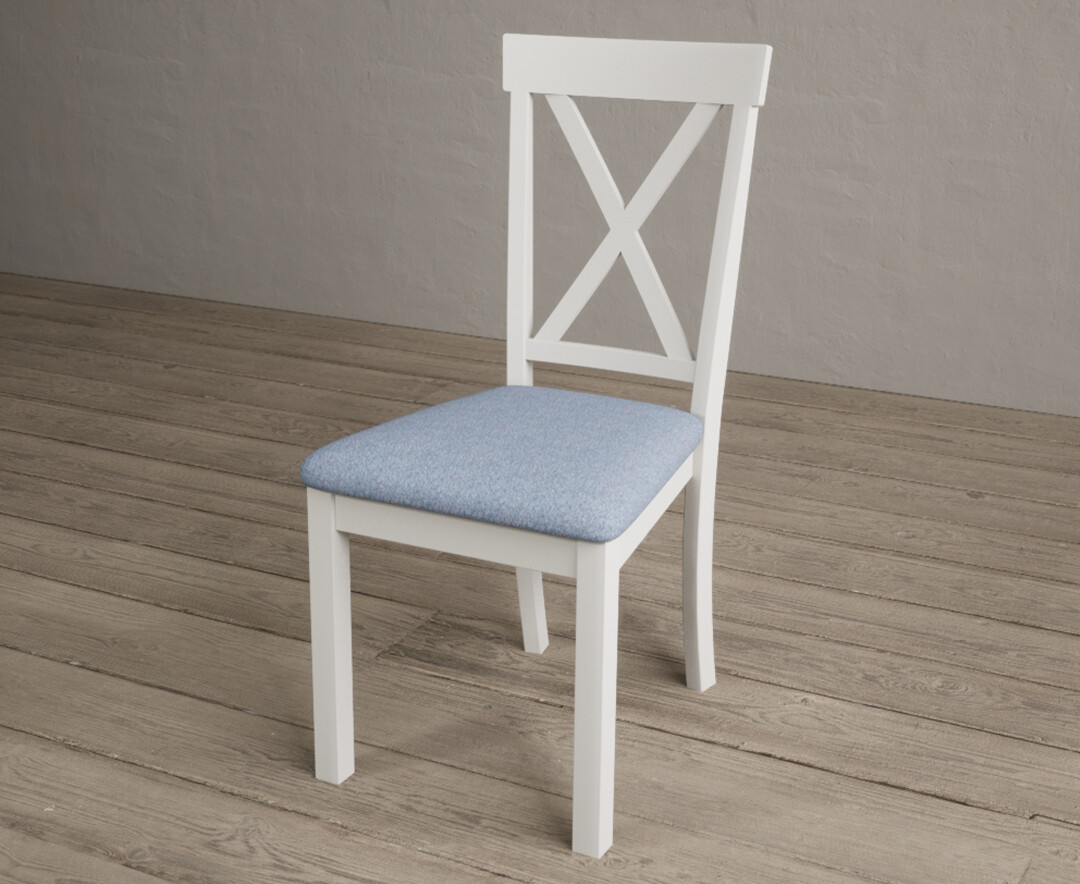 Photo 2 of Hertford signal white dining chairs with blue fabric seat pad
