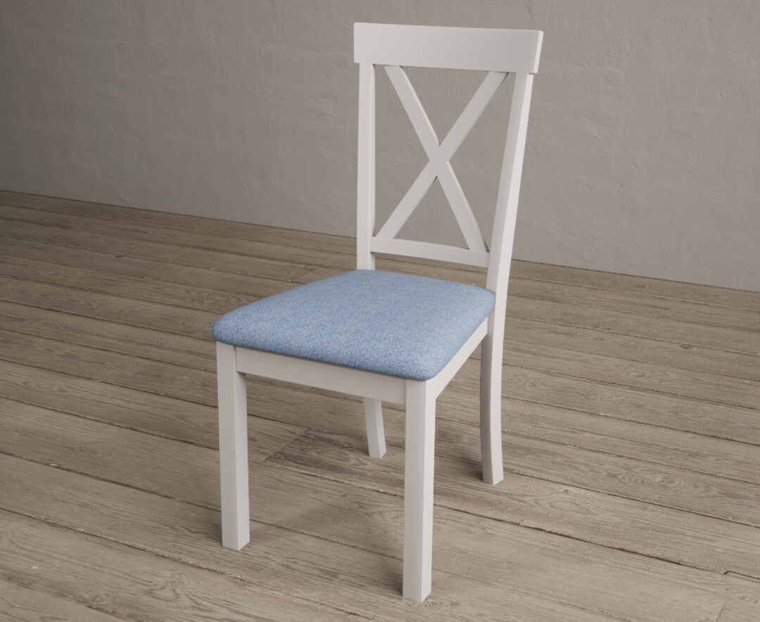 Photo 2 of Hertford soft white dining chairs with blue fabric seat pad