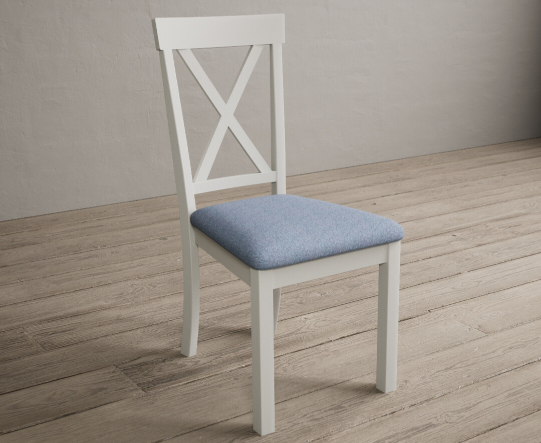 Photo 1 of Hertford signal white dining chairs with blue fabric seat pad