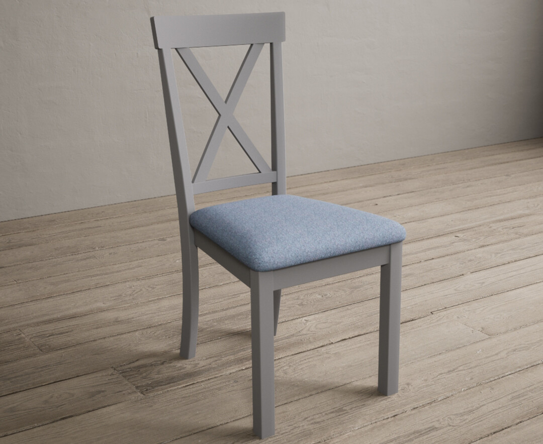 Photo 1 of Hertford light grey dining chairs with blue fabric seat pad