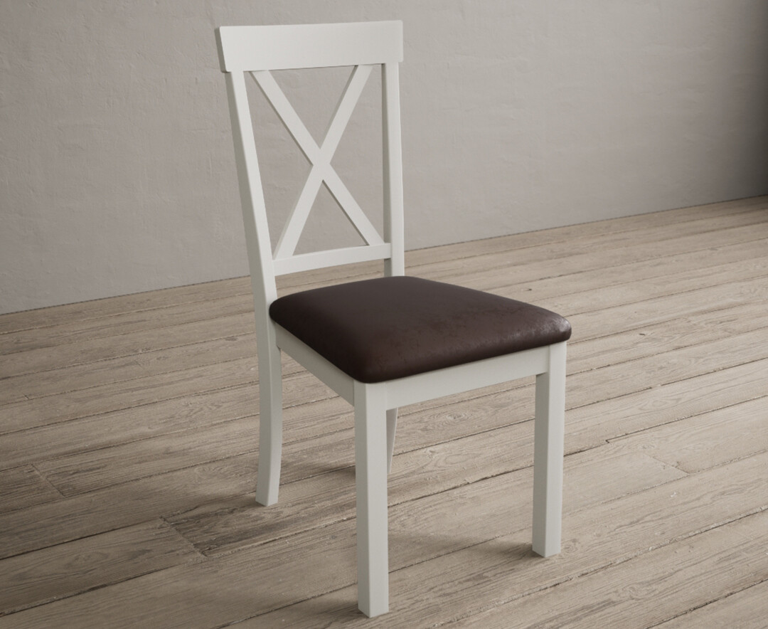 Photo 2 of Hertford signal white dining chairs with brown suede seat pad