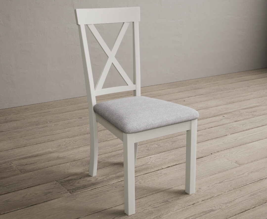 Photo 1 of Hertford signal white dining chairs with light grey fabric seat pad