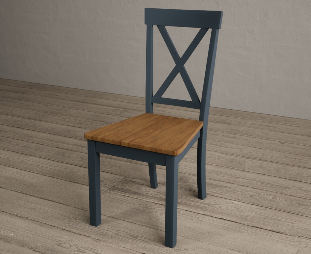 Photo 1 of Hertford dark blue dining chairs with rustic oak seat pad