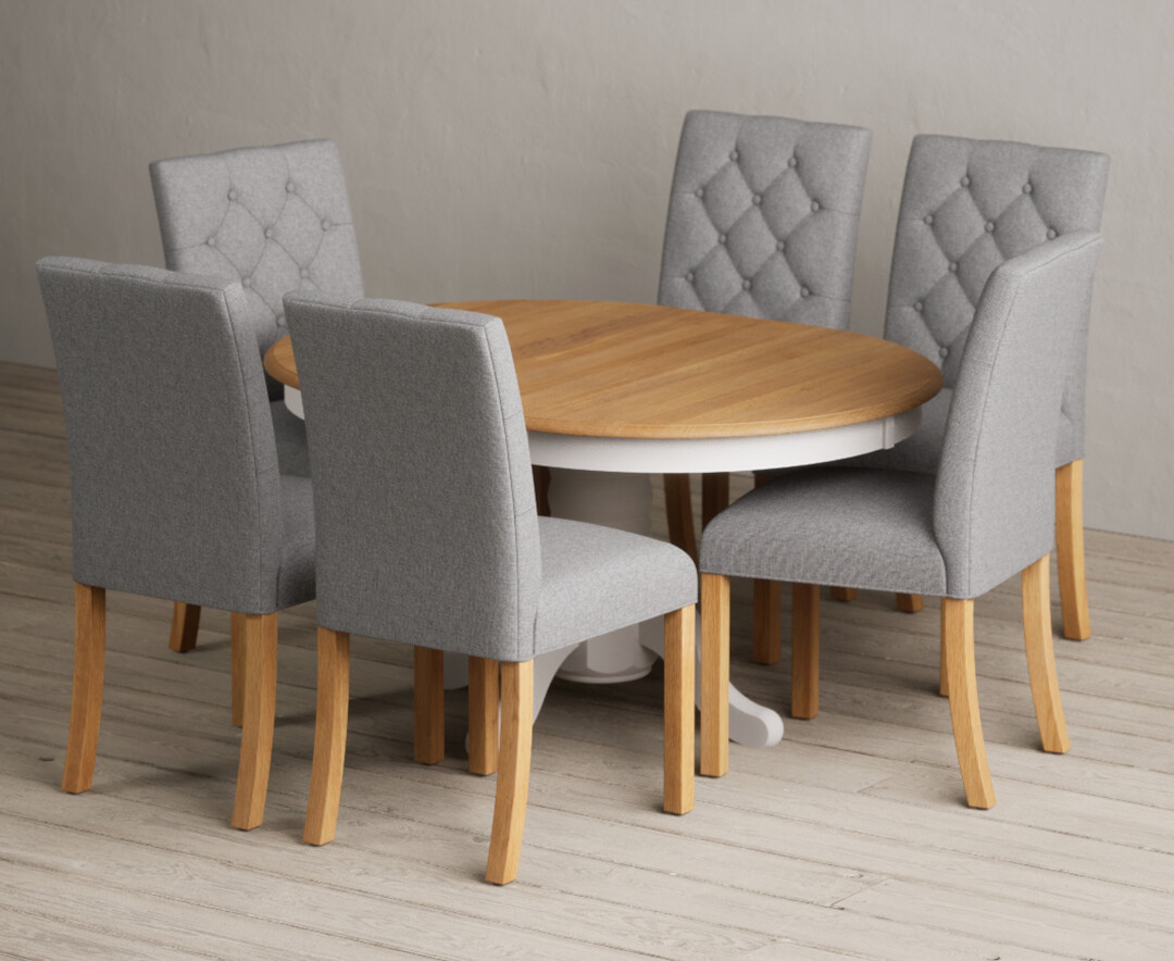 Extending Hertford 100cm 130cm Oak And Soft White Painted Pedestal Dining Table With 6 Grey Isabella Chairs