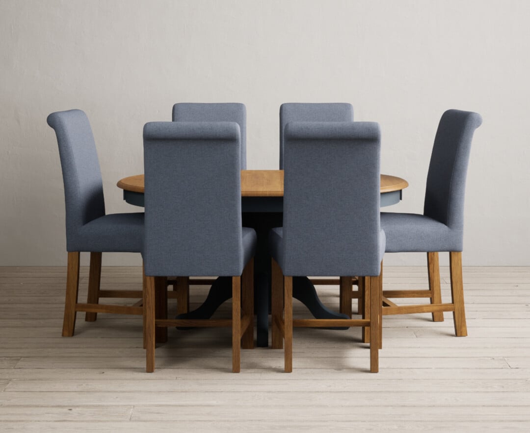 Extending Hertford 100cm 130cm Oak And Dark Blue Painted Pedestal Dining Table With 4 Charcoal Grey Chairs