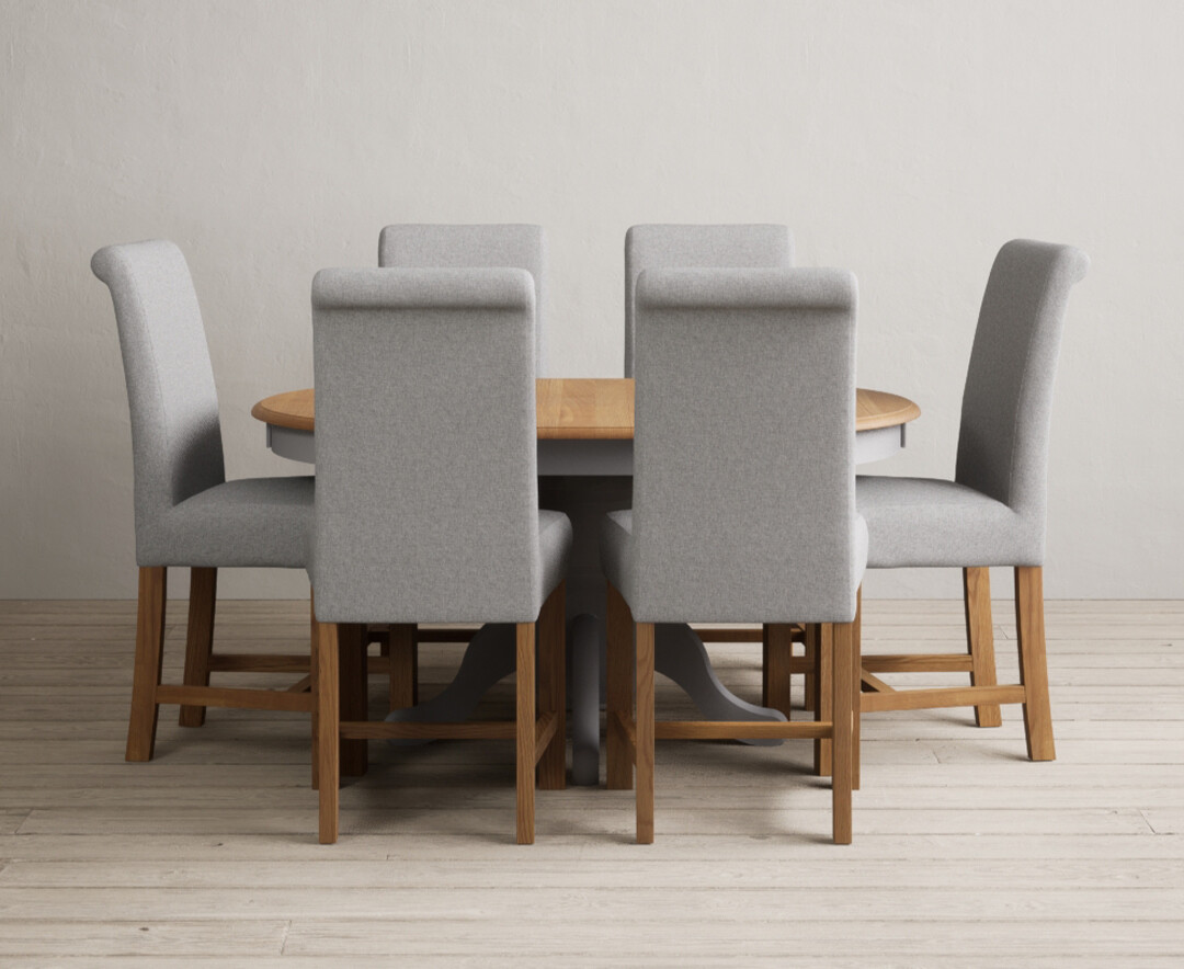 Extending Hertford 100cm 130cm Oak And Light Grey Painted Pedestal Dining Table With 6 Grey Chairs