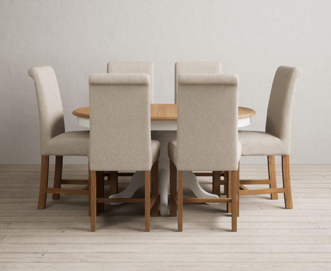 Extending Hertford 100cm 130cm Oak And Signal White Painted Pedestal Dining Table With 6 Charcoal Grey Chairs