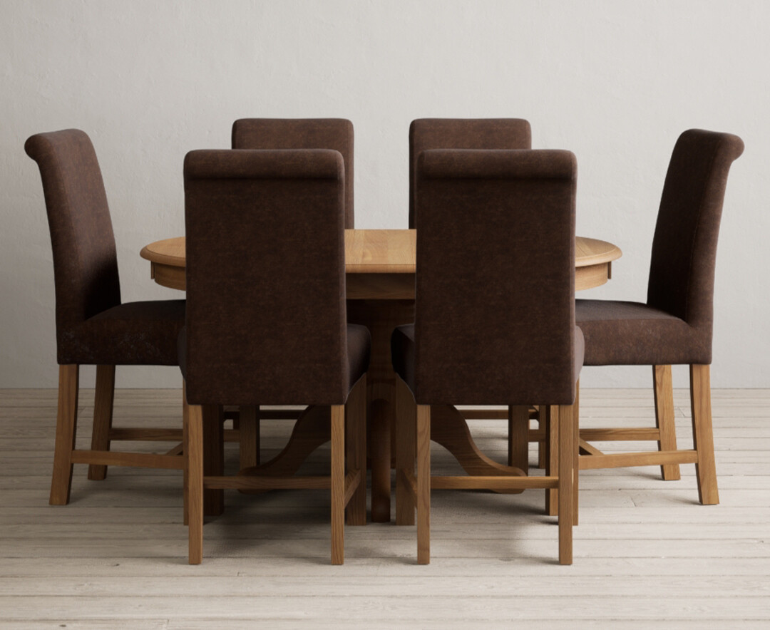 Product photograph of Extending Hertford 100cm - 130cm Solid Oak Pedestal Dining Table With 6 Blue Scroll Back Chairs from Oak Furniture Superstore