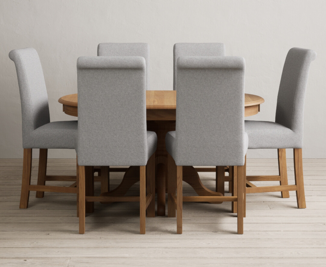 Product photograph of Extending Hertford 100cm - 130cm Solid Oak Pedestal Dining Table With 6 Grey Scroll Back Chairs from Oak Furniture Superstore