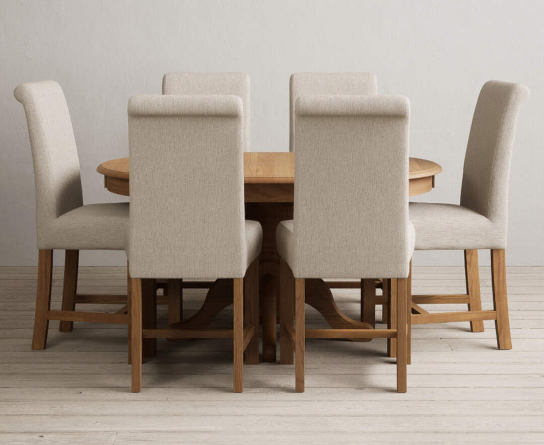 Extending Hertford 100cm 130cm Solid Oak Pedestal Dining Table With 6 Grey Chairs