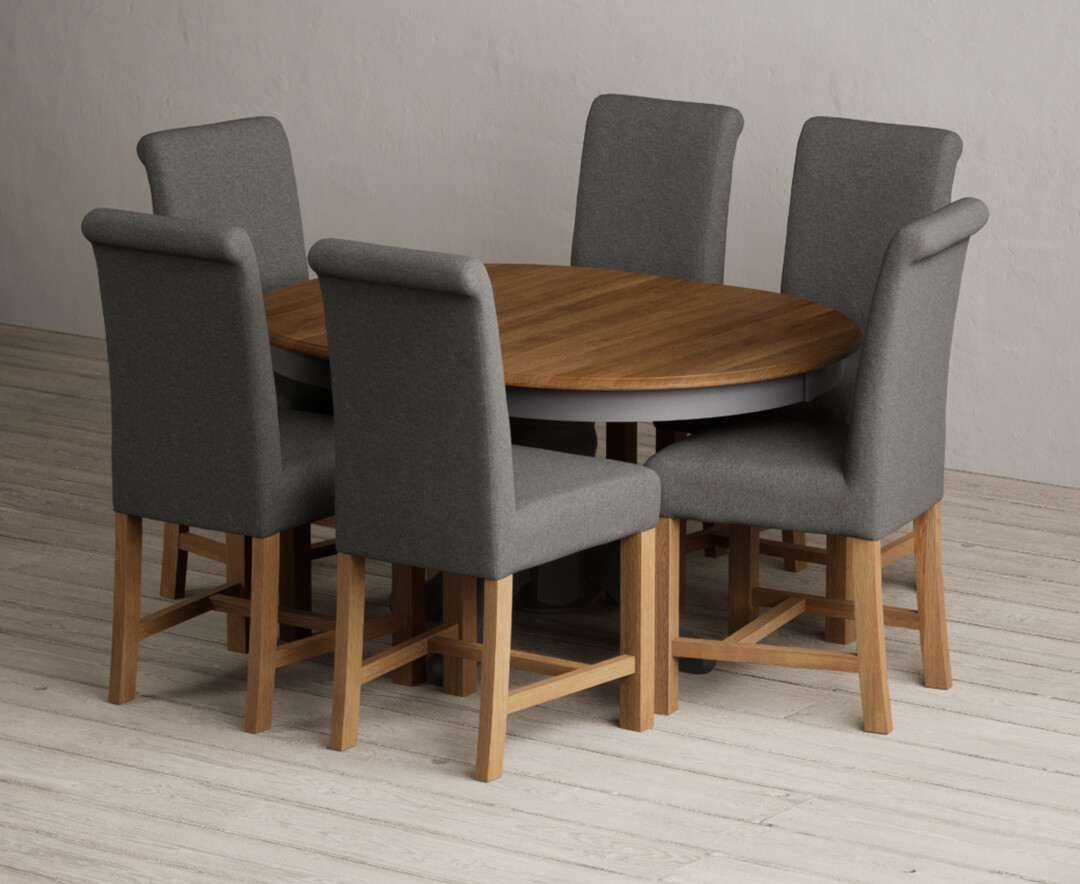 Product photograph of Extending Hertford 100cm - 130cm Oak And Charcoal Grey Painted Pedestal Dining Table With 6 Charcoal Grey Scroll Back Chairs from Oak Furniture Superstore