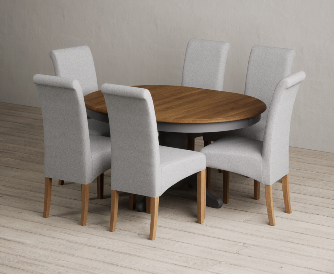Product photograph of Extending Hertford 100cm - 130cm Oak And Charcoal Grey Painted Pedestal Dining Table With 4 Charcoal Grey Scroll Back Chairs from Oak Furniture Superstore