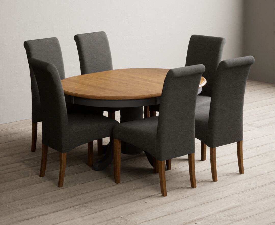Extending Hertford 100cm 130cm Oak And Charcoal Grey Painted Pedestal Dining Table With 6 Grey Chairs