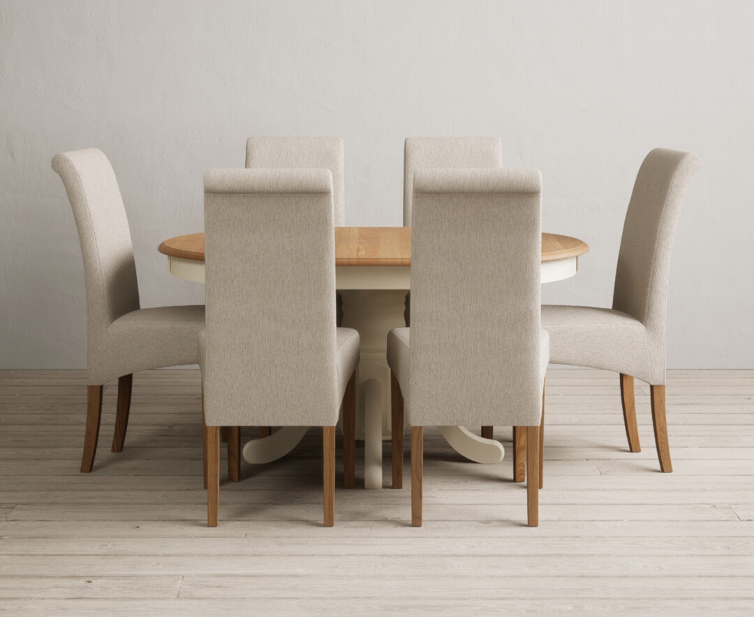 Extending Hertford 100cm 130cm Oak And Cream Painted Pedestal Dining Table With 6 Charcoal Grey Scroll Back Chairs