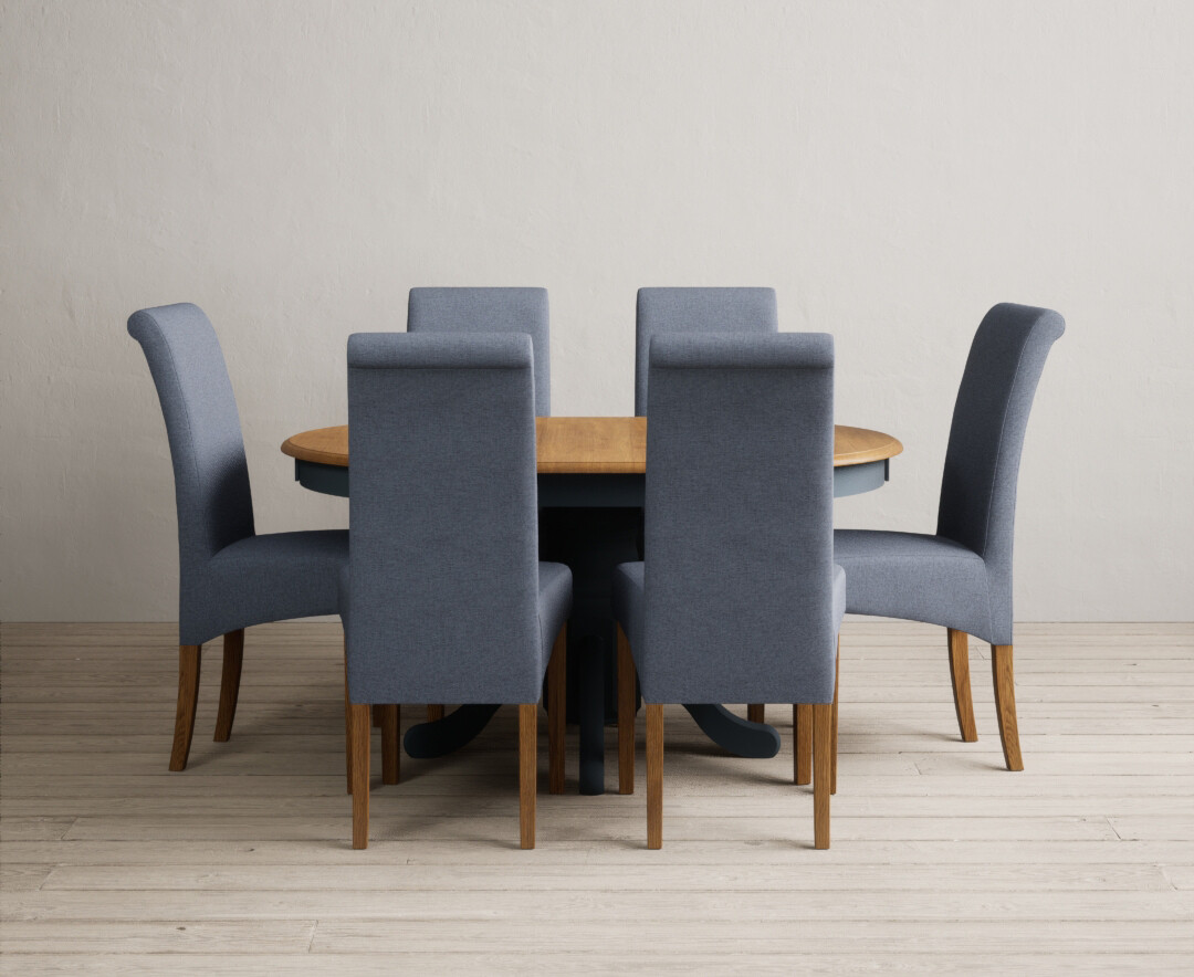 Extending Hertford 100cm 130cm Oak And Dark Blue Painted Pedestal Dining Table With 4 Blue Chairs