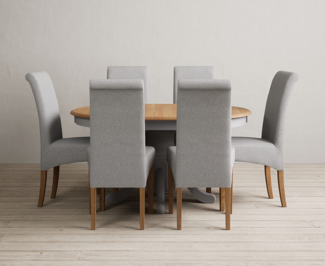 Product photograph of Extending Hertford 100cm - 130cm Oak And Light Grey Painted Pedestal Dining Table With 6 Brown Scroll Back Chairs from Oak Furniture Superstore