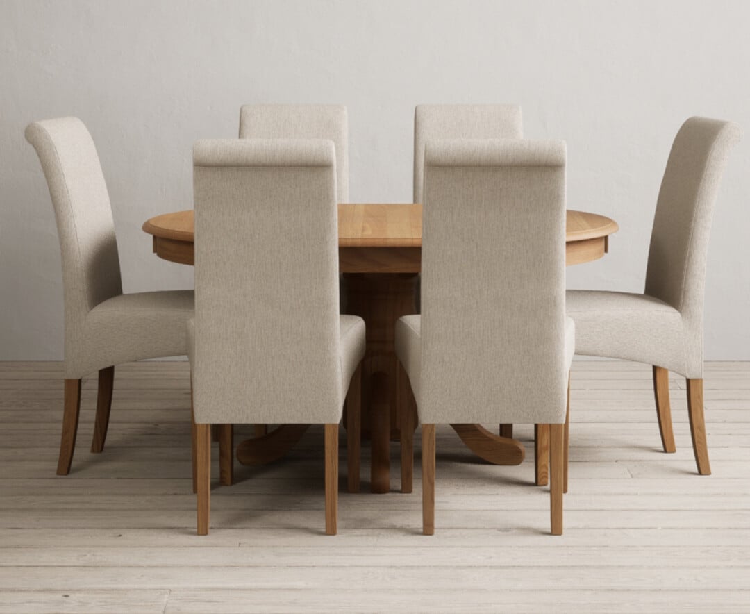 Extending Hertford 100cm 130cm Solid Oak Pedestal Dining Table With 4 Blue Scroll Back Chairs