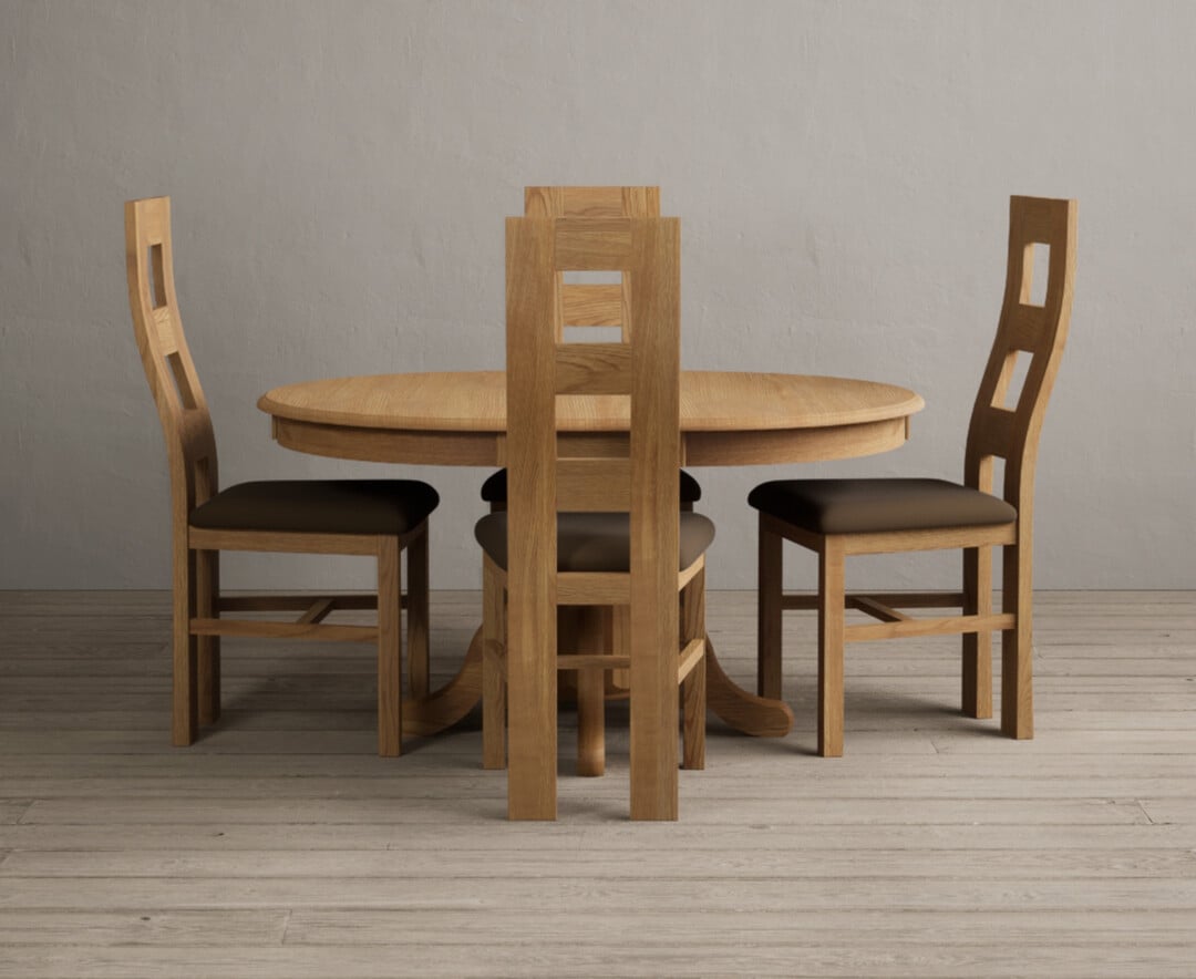 Extending Hertford 100cm 130cm Solid Oak Pedestal Dining Table With 4 Brown Natural Solid Oak Chairs