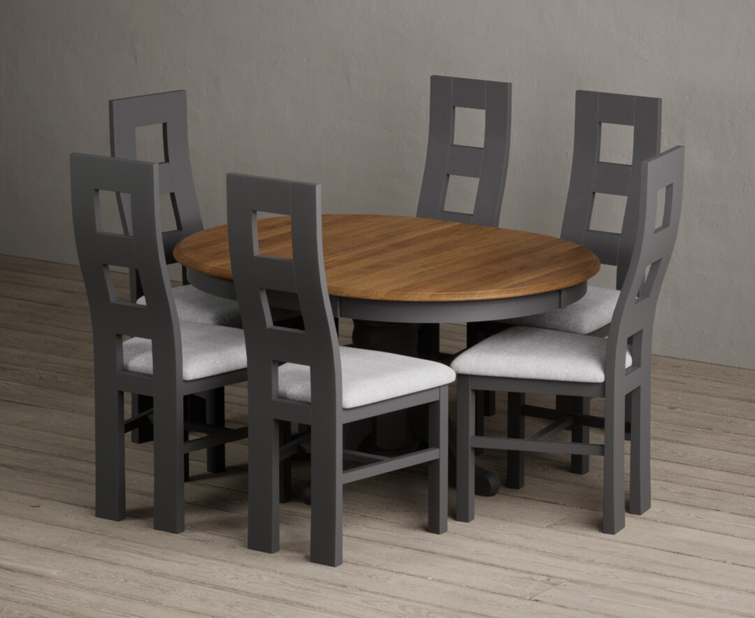 Extending Hertford 100cm 130cm Oak And Charcoal Grey Painted Pedestal Dining Table With 4 Blue Painted Chairs