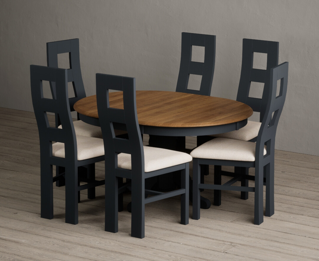 Extending Hertford 100cm 130cm Oak And Dark Blue Painted Pedestal Dining Table With 4 Linen Painted Chairs