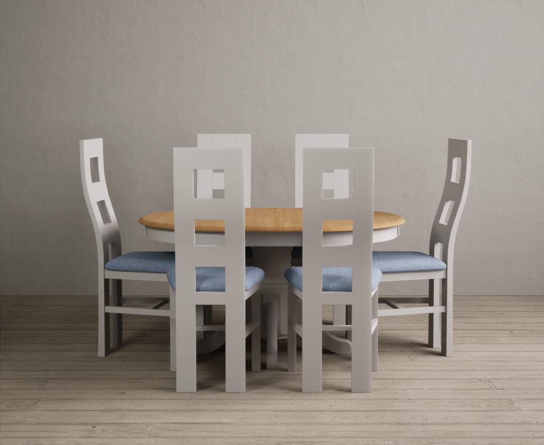 Extending Hertford 100cm 130cm Oak And Soft White Painted Pedestal Dining Table With 4 Blue Chairs