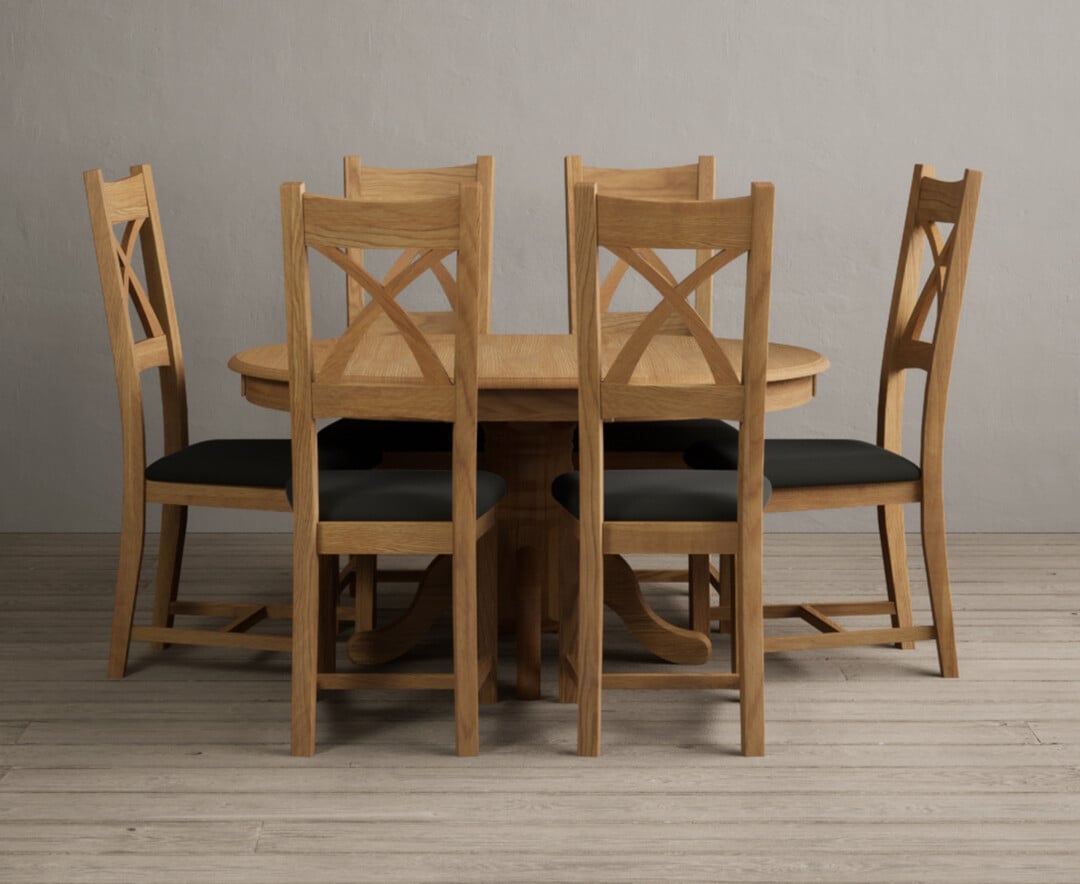 Extending Hertford 100cm 130cm Solid Oak Pedestal Dining Table With 6 Cream Natural Solid Oak Chairs