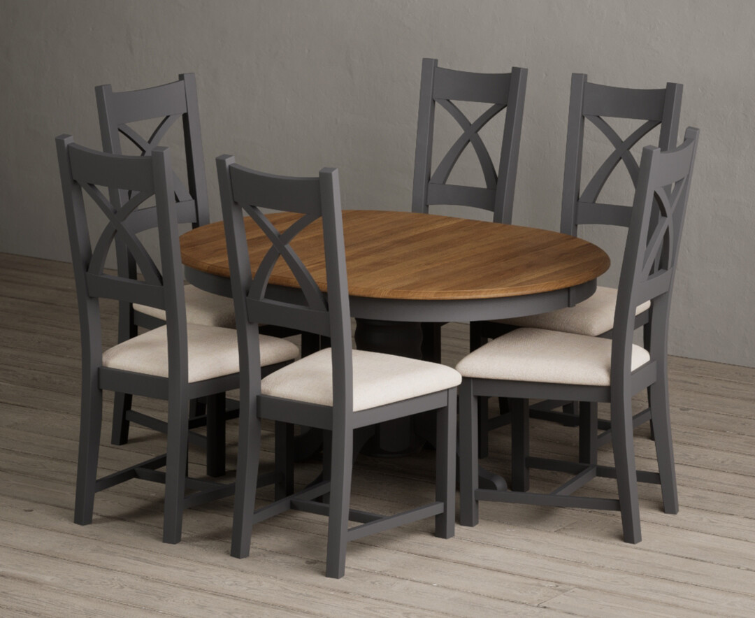 Extending Hertford 100cm 130cm Oak And Charcoal Grey Painted Pedestal Dining Table With 6 Brown Painted Chairs