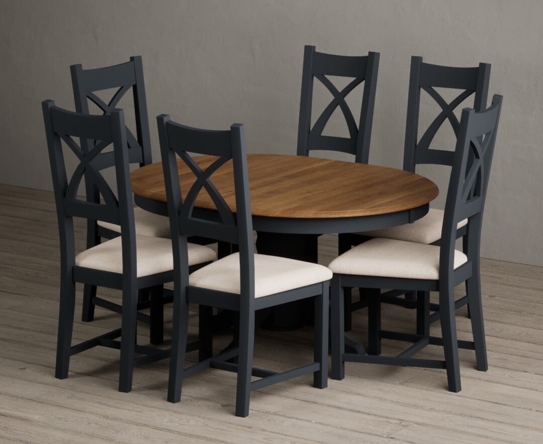 Extending Hertford 100cm 130cm Oak And Dark Blue Painted Pedestal Dining Table With 4 Brown Painted Chairs