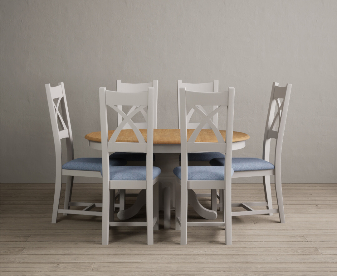 Extending Hertford 100cm 130cm Oak And Soft White Painted Pedestal Dining Table With 4 Charcoal Grey Chairs