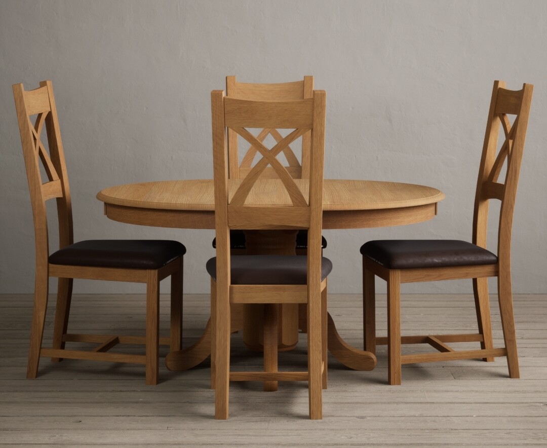 Photo 3 of Extending hertford 100cm - 130cm solid oak pedestal dining table with 6 blue x back chairs