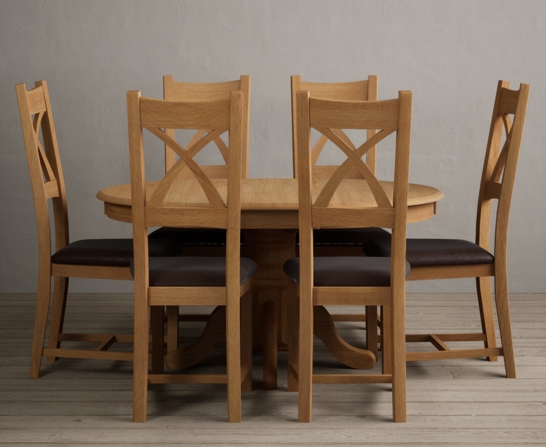Product photograph of Extending Hertford 100cm - 130cm Solid Oak Pedestal Dining Table With 6 Brown X Back Chairs from Oak Furniture Superstore