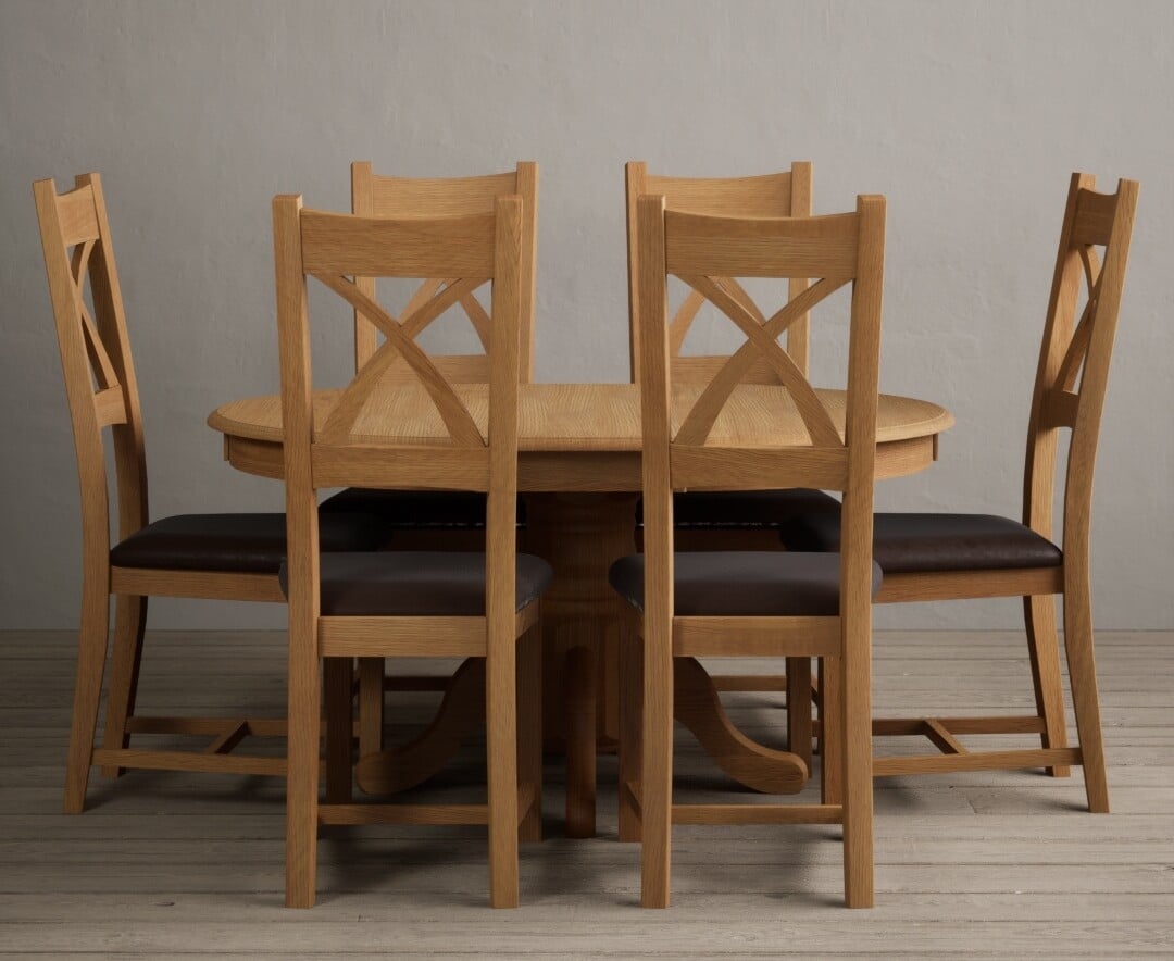 Product photograph of Extending Hertford 100cm - 130cm Solid Oak Pedestal Dining Table With 4 Brown X Back Chairs from Oak Furniture Superstore