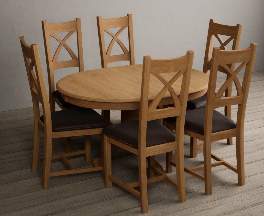 Photo 1 of Extending hertford 100cm - 130cm solid oak pedestal dining table with 6 blue x back chairs
