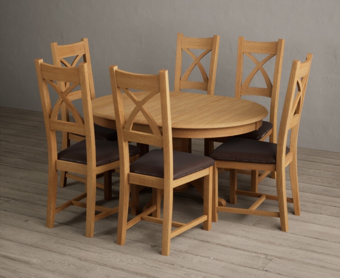Photo 2 of Extending hertford 100cm - 130cm solid oak pedestal dining table with 6 blue x back chairs