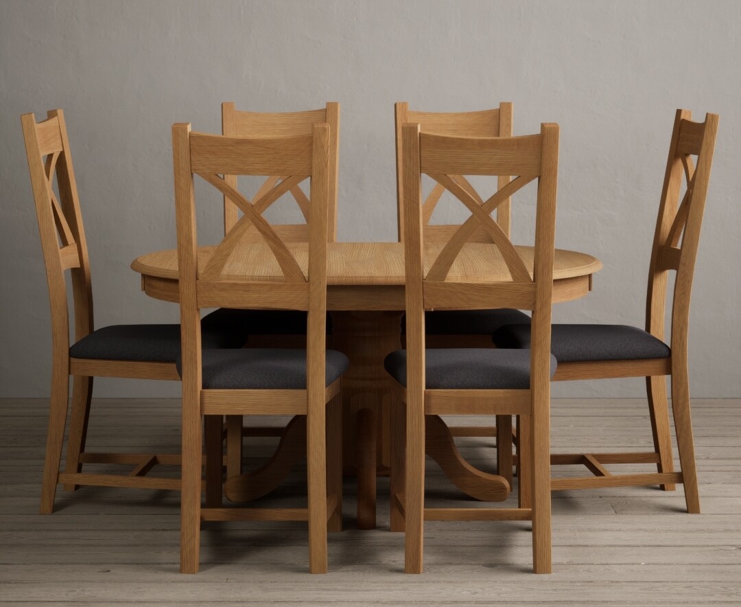 Product photograph of Extending Hertford 100cm - 130cm Solid Oak Pedestal Dining Table With 4 Charcoal Grey X Back Chairs from Oak Furniture Superstore