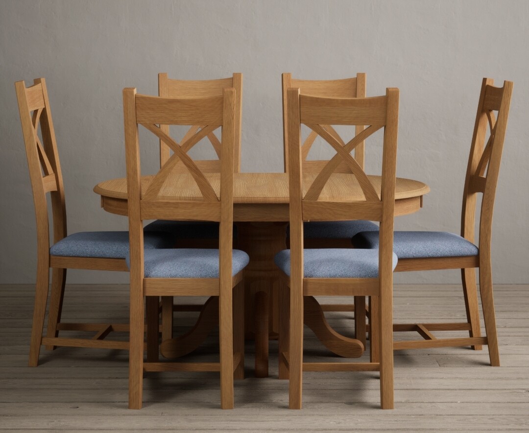 Product photograph of Extending Hertford 100cm - 130cm Solid Oak Pedestal Dining Table With 6 Blue X Back Chairs from Oak Furniture Superstore