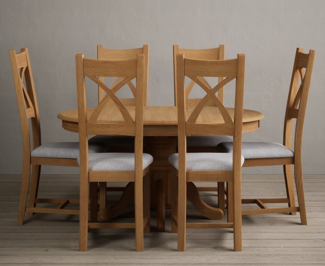 Product photograph of Extending Hertford 100cm - 130cm Solid Oak Pedestal Dining Table With 6 Light Grey X Back Chairs from Oak Furniture Superstore