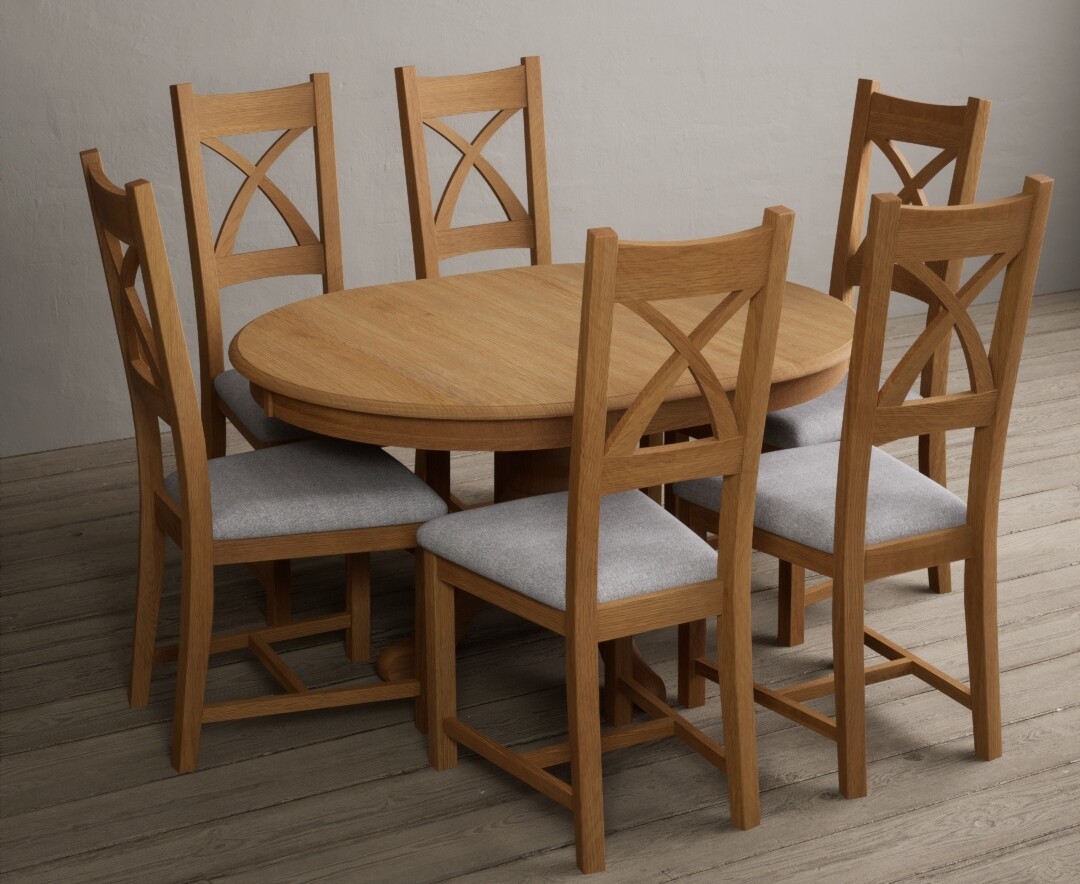 Photo 1 of Extending hertford 100cm - 130cm solid oak pedestal dining table with 4 brown x back chairs