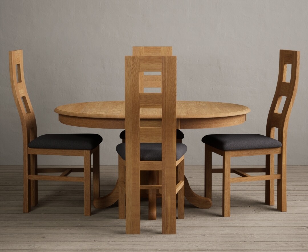 Photo 3 of Extending hertford 100cm - 130cm solid oak pedestal dining table with 6 brown flow back chairs