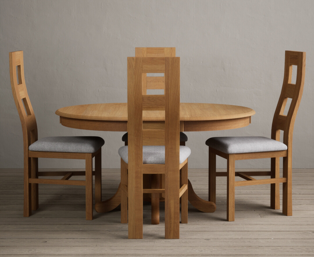 Photo 3 of Extending hertford 100cm - 130cm solid oak pedestal dining table with 4 blue flow back chairs
