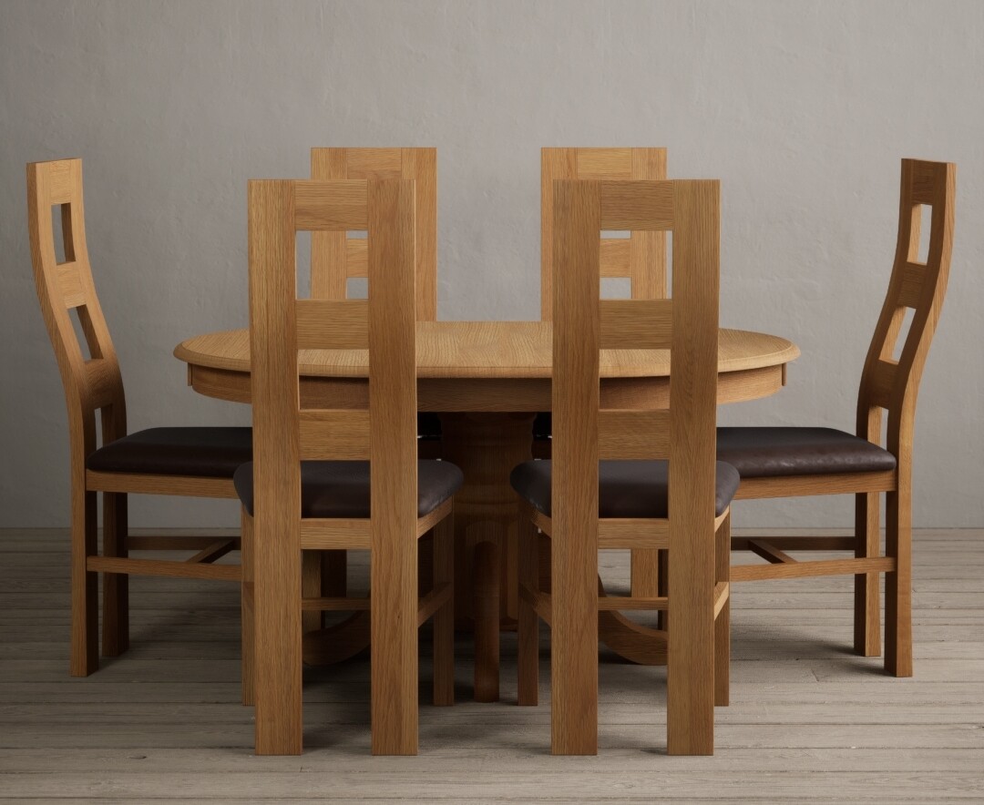 Product photograph of Extending Hertford 100cm - 130cm Solid Oak Pedestal Dining Table With 6 Brown Flow Back Chairs from Oak Furniture Superstore