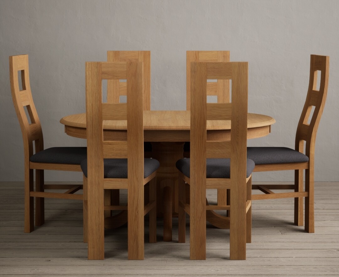 Product photograph of Extending Hertford 100cm - 130cm Solid Oak Pedestal Dining Table With 6 Charcoal Grey Flow Back Chairs from Oak Furniture Superstore