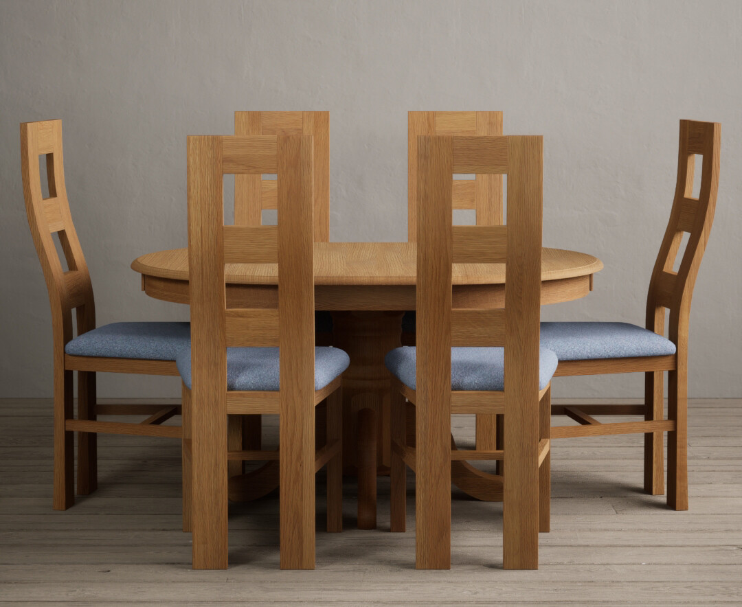 Product photograph of Extending Hertford 100cm - 130cm Solid Oak Pedestal Dining Table With 4 Blue Flow Back Chairs from Oak Furniture Superstore
